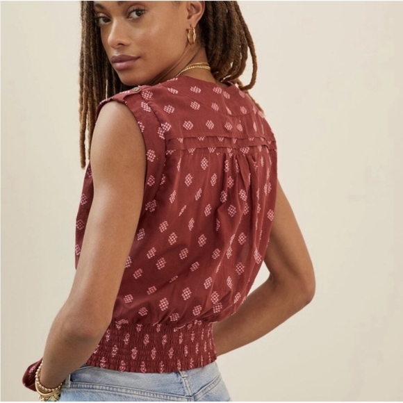 Anthropologie Burgundy & Pink Printed Tie Up Top, S, EUC - Picture 2 of 6